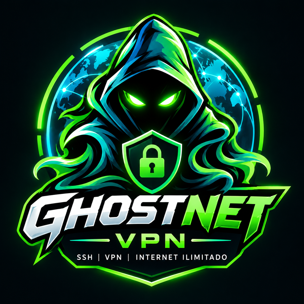 Emblema ciberpunk GhostNet VPN con un fantasma encapuchado, ojos verdes y símbolo de seguridad